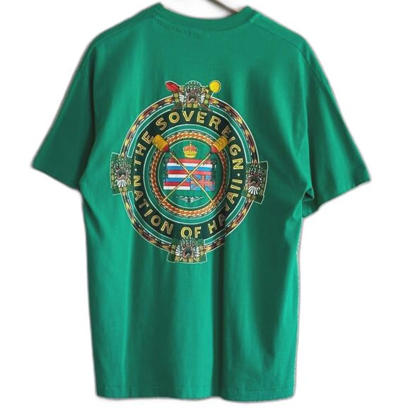 Vintage Sovereign Nation of Hawaii Graphic T Shirt Green Single Stitch Men's XL - Picture 2 of 7